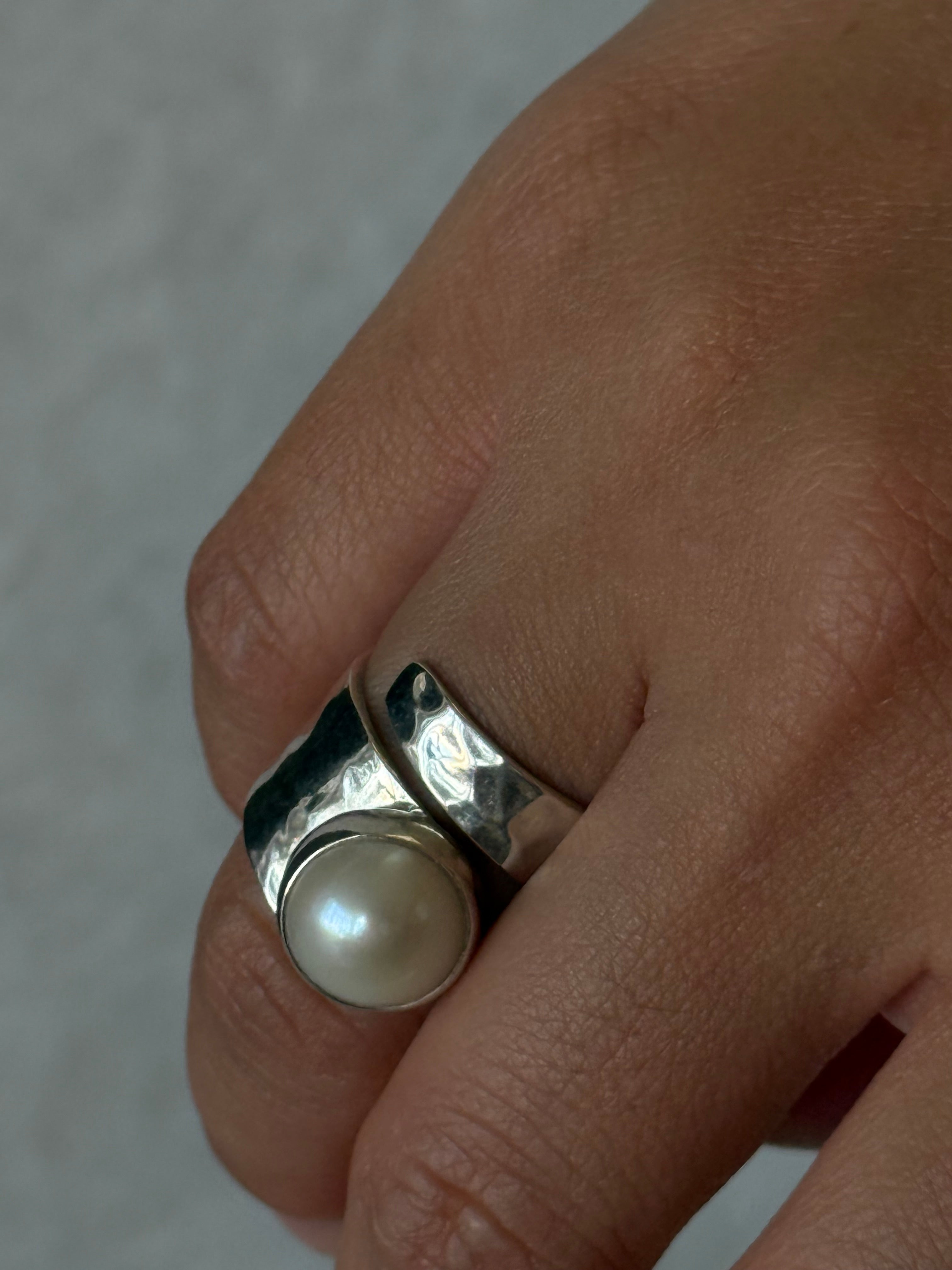 Pearl Open Band Ring – Sterling Silver Adjustable Ring